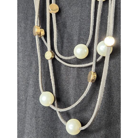 Layered Faux Pearl & Brass Disc Necklace 36” Gray Suede Cord Boho Chic Statement - Picture 2 of 6